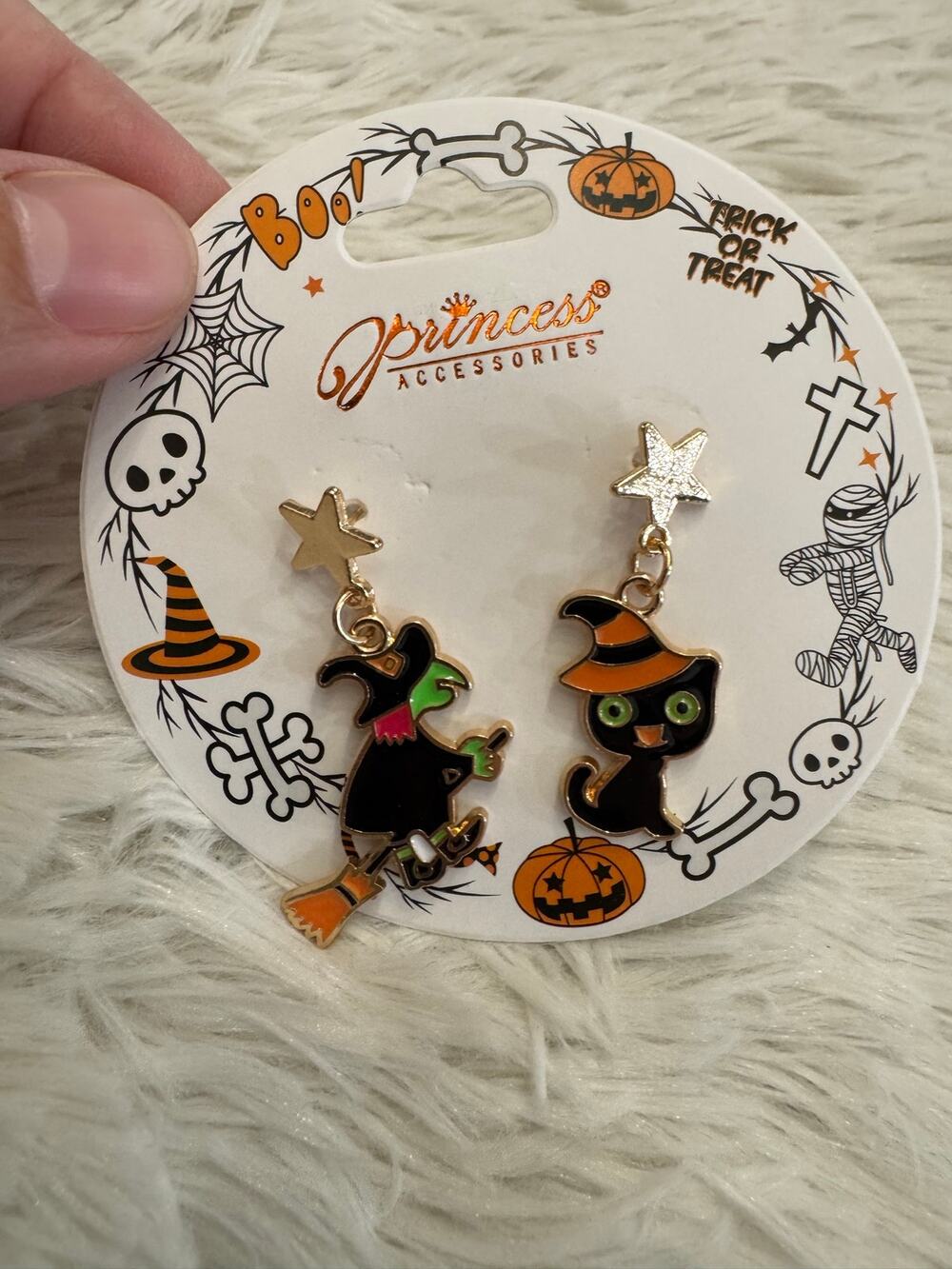 Halloween earrings with witch and cat design